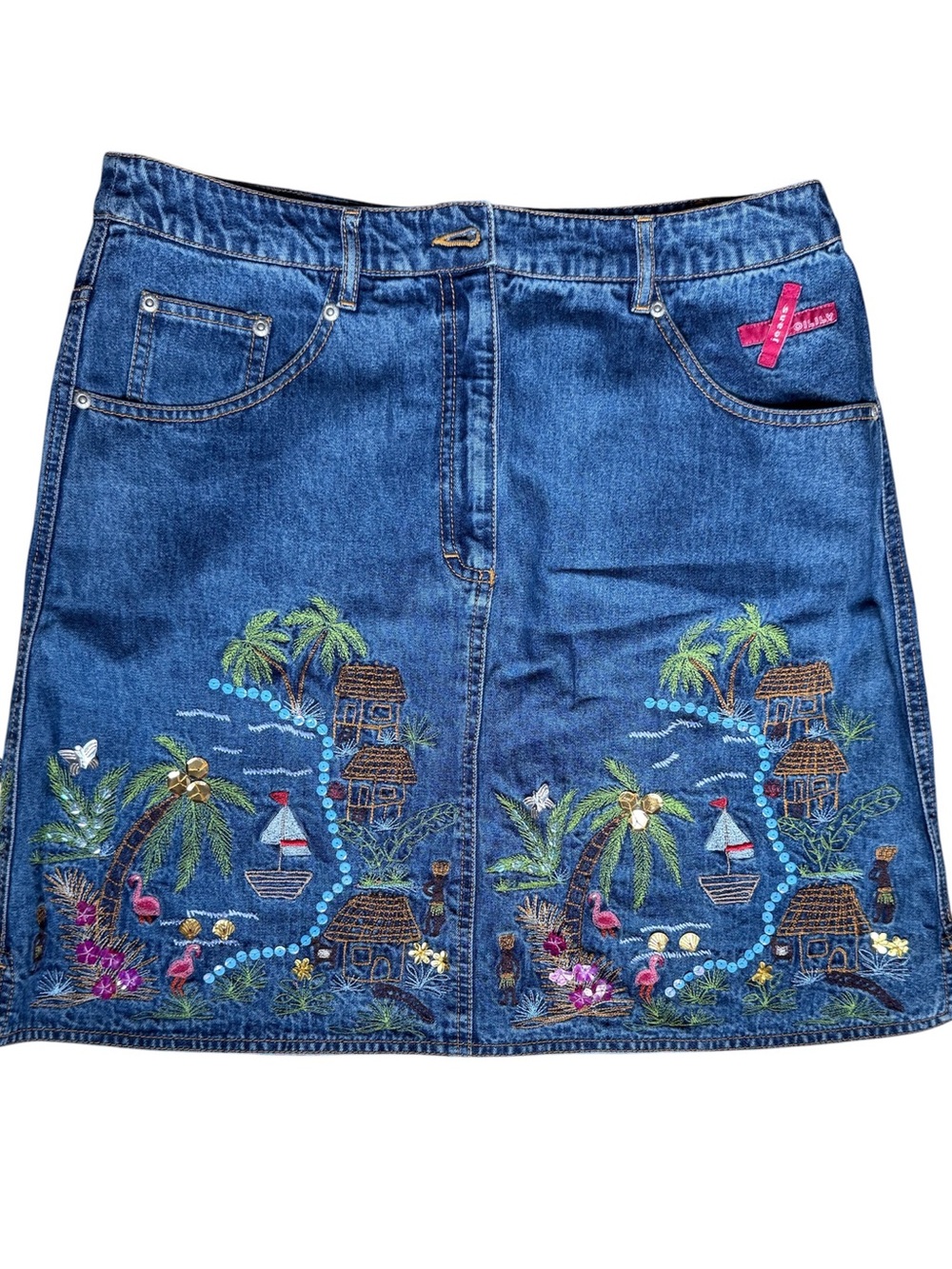 Oilily Blue Denim Mini Skirt with Tropical Embroidery